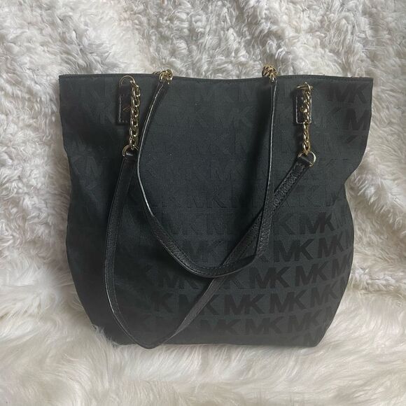 Michael Kors Black Fabric Signature Monogram medium tote gold tone chain straps - Picture 7 of 16